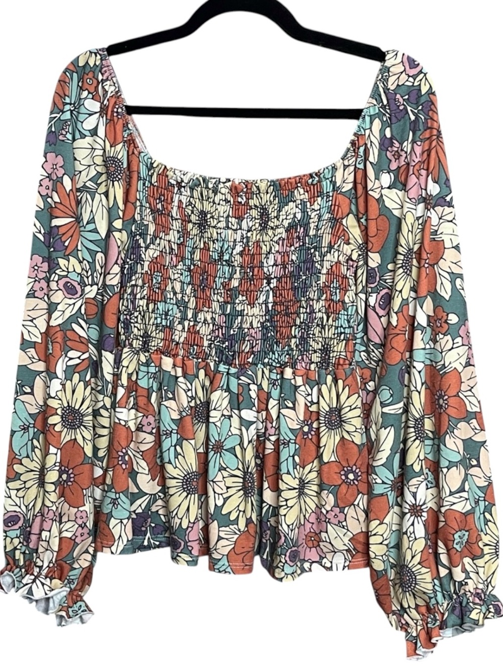 BiBi Floral Smocked Peplum‎ Blouse Long Balloon Sleeve Small